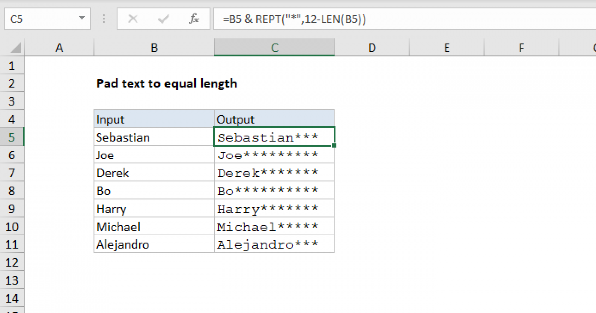 Pad Text To Equal Length Excel Formula Exceljet